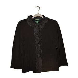 LAUREN RALPH LAUREN $119‎ Black Taffeta Ruffle Trim Knit Cardigan Sweater Large